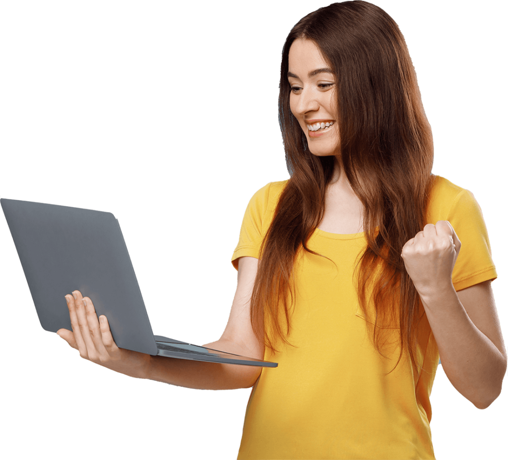Emotional young woman with laptop raising fists up buflca2 2.png